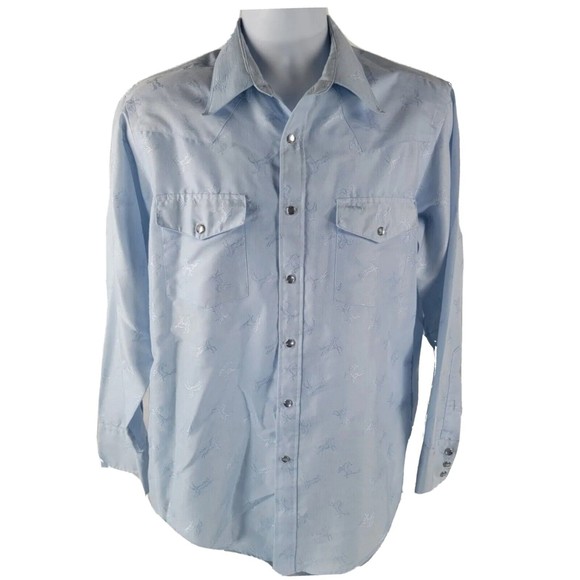 Vtg Stetson Saddle Tail Mens Shirt Sz L Embroidered Horse Pearl Snap Cowboy Blue - Picture 1 of 7